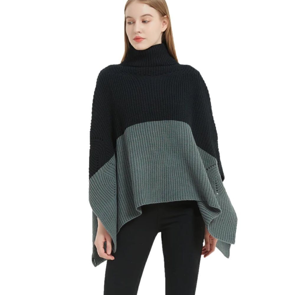 Save the Ocean Sustainable Color Block Pullover Turtleneck Poncho Black Gray NWT